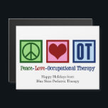 Peace Love Occupational Therapy Custom Magnet Card<br><div class="desc">A cute occupational therapist Christmas magnetic card featuring a green peace sign,  red heart,  and OT written in blue on a blue magnet. Occupational therapy is such an important occupation. It helps both adults and children with sensory therapy.</div>
