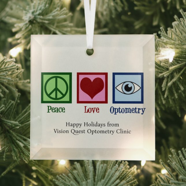 Peace Love Optometry Custom Optometrist Christmas Glass Tree Decoration (Insitu)