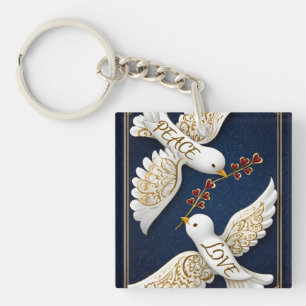 Peace & Love Ornate Dove Art Key Ring
