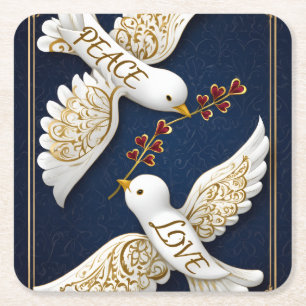 Peace & Love Ornate Dove Art Square Paper Coaster