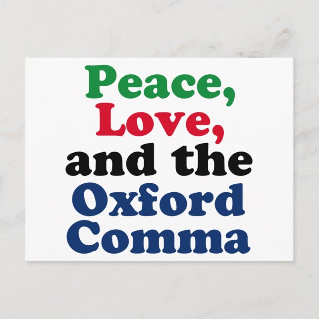 Peace Love Oxford Comma English Grammar Humour Postcard (Front)