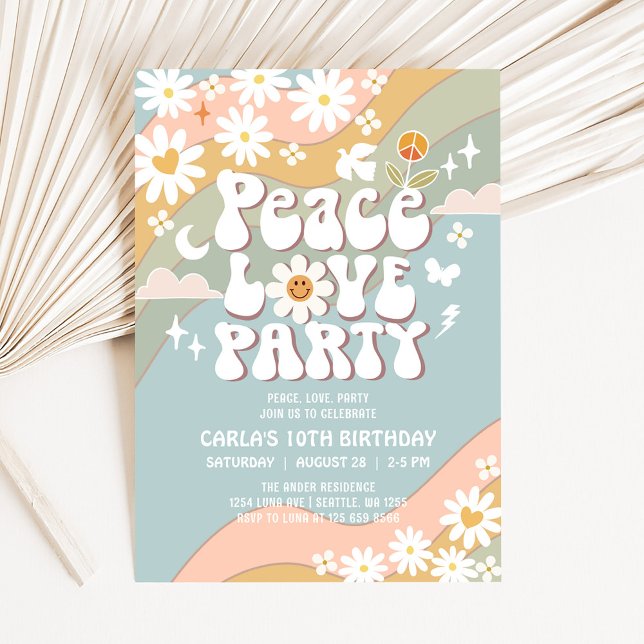 Peace Love Party Daisy Hippie 70s Birthday Invitation (Creator Uploaded)