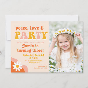 Peace, Love & Party Retro PhotoBirthday Invitation