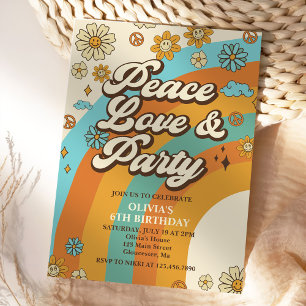 Peace Love Party Retro Rainbow 6th Birthday Invitation