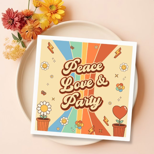 Peace Love Party Retro Rainbow 6th Birthday Napkin (Creator Uploaded)