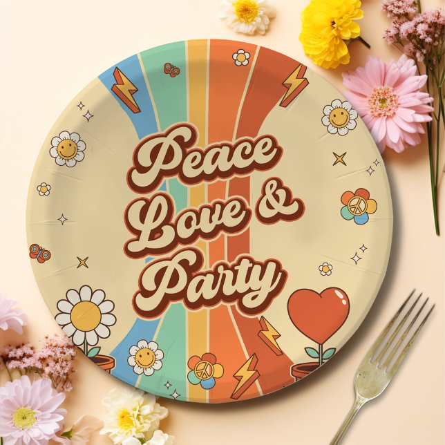 Peace Love Party Retro Rainbow 6th Birthday Paper Plate (Creator Uploaded)