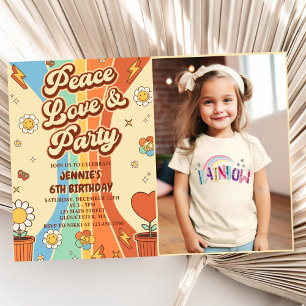 Peace Love Party Retro Rainbow 6th Birthday Photo Invitation