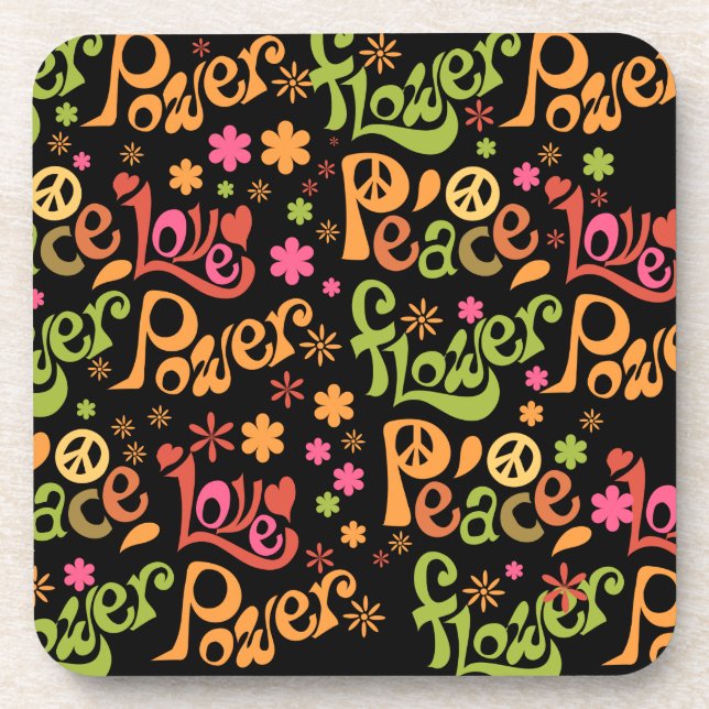 Peace Love Pattern Groovy Word Art Design Coaster (Front)