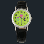 Peace Love & Paws Pet Lovers Watch<br><div class="desc">Cute graphic in colourful neon colours.  3 symbols - a peace sign,  a heart and a paw,  with the words peace,  love and paws. For peace loving pet owners.</div>