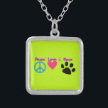 Peace Love & Paws Silver Plated Necklace<br><div class="desc">Cute graphic in colourful neon colours.  3 symbols - a peace sign,  a heart and a paw,  with the words peace,  love and paws. For peace loving pet owners.</div>