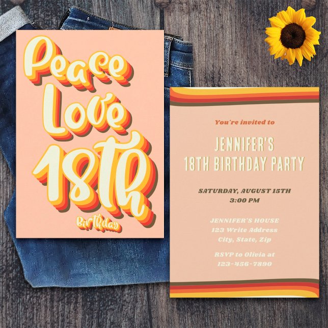 Peace Love Peach Retro Groovy Sunset 18th Birthday Invitation (Front and Back)