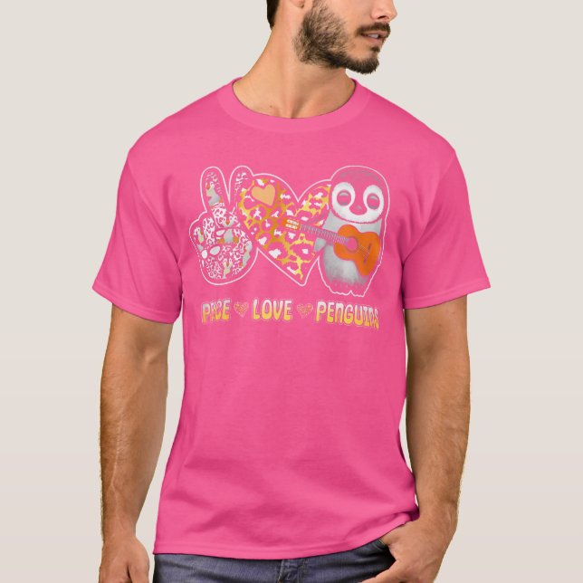 Peace Love Penguin Playing Acoustic Guitar Instrum T-Shirt (Front)