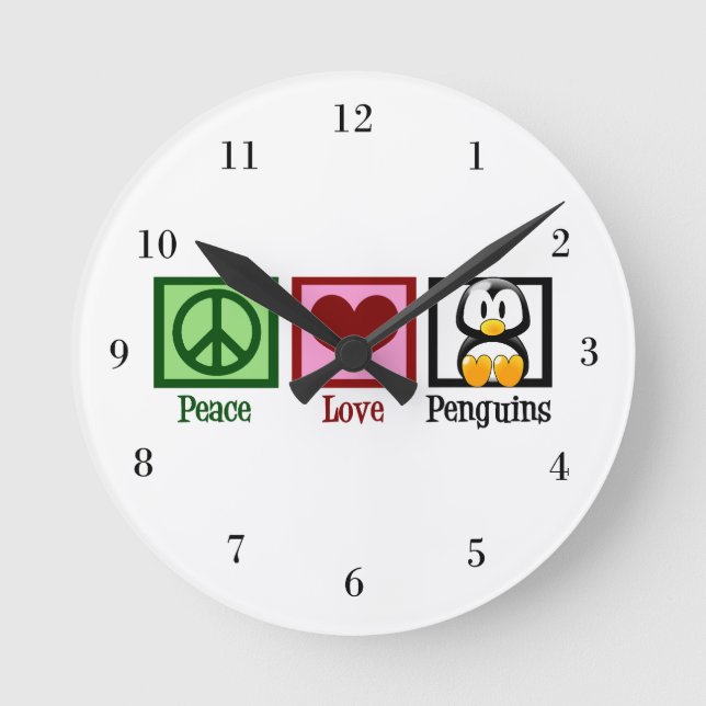 Peace Love Penguins Round Clock (Front)