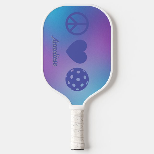 "Peace, Love, Pickleball" Personalised Purple Blue Pickleball Paddle (Front)