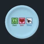 Peace Love Pilates Paper Plate<br><div class="desc">Peace Love Pilates. A cute pilates instructor gift featuring a peace sign,  heart,  and woman stretching over an exercise ball.</div>