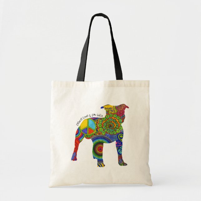 "Peace Love & Pit Bulls" Pop Art Tote Bag (Front)