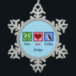 Peace Love Puffins Cute Custom Blue Puffin Snowflake Pewter Christmas Ornament<br><div class="desc">A pretty puffin Christmas ornament gift featuring a green peace sign,  red heart,  and a beautiful puffin bird. I love cute marine animals.</div>