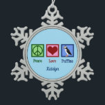 Peace Love Puffins Cute Custom Blue Puffin Snowflake Pewter Christmas Ornament<br><div class="desc">A pretty puffin Christmas ornament gift featuring a green peace sign,  red heart,  and a beautiful puffin bird. I love cute marine animals.</div>