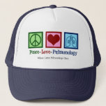 Peace Love Pulmonology Customisable Pulmonologist Trucker Hat<br><div class="desc">Peace Love Pulmonology hat. A cool pulmonologistgift for a pulmonology doctor or nurse with a peace sign,  heart,  and lungs. A great design for a pulmonary specialist who treats asthma and other respiratory issues.</div>