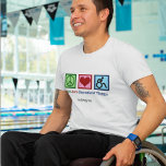 Peace Love Recreational Therapy Custom Therapist T-Shirt<br><div class="desc">Peace Love Recreational Therapy. Cute therapeutic recreation gift for a therapist who uses interventions to help people with disability. A peace sign,  heart,  and person in a wheelchair. Personalise this therapist t-shirt with a name.</div>