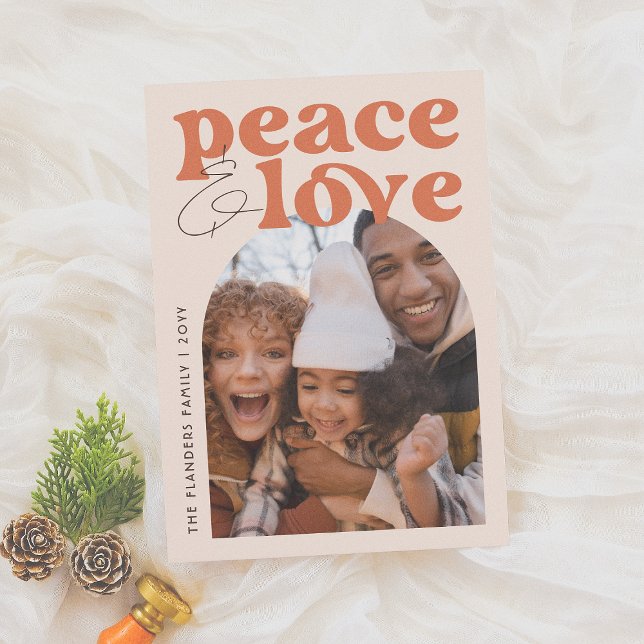 Peace & Love Retro Groovy Arch Fun Christmas Photo Holiday Card (Creator Uploaded)