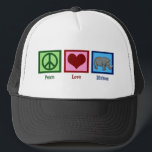 Peace Love Rhinos Trucker Hat<br><div class="desc">A peace sign,  heart,  and a cute rhinoceros. I love cool rhino gifts.</div>