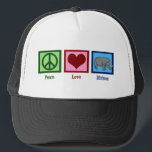 Peace Love Rhinos Trucker Hat<br><div class="desc">A peace sign,  heart,  and a cute rhinoceros. I love cool rhino gifts.</div>