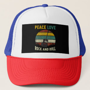Peace Love & Rock & Roll Guitar Player Guitarist V Trucker Hat