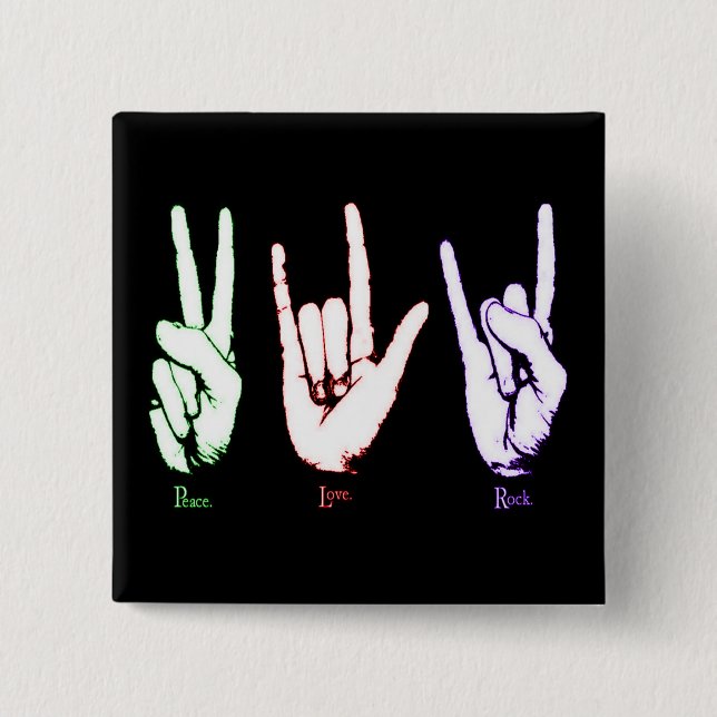 Peace Love Rock Sign Language Black Button (Front)