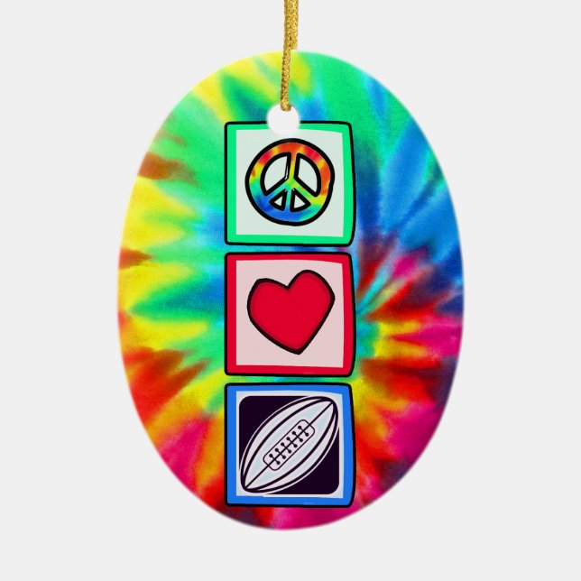 Peace, Love,  Rugby Football Ceramic Tree Decoration (Front)