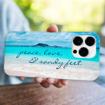 Peace Love Sandy Feet Script Hawaii Tropical Beach iPhone 15 Pro Max Case<br><div class="desc">“Peace, love & sandy feet.” Remind yourself of the fresh salt smell of the ocean air whenever you use this stunning, vibrantly-colored photo cell phone case. Exhale and explore the solitude of an empty Hawaiian beach. Makes a great gift for someone special! You can easily personalize this cell phone case...</div>