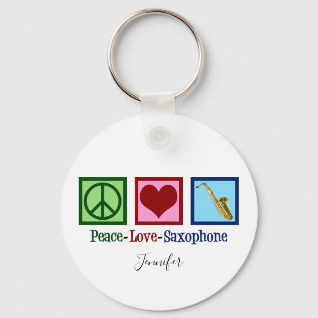 Peace Love Saxophone Cute Monogram Blue Key Ring (Front)