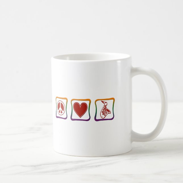 Peace Love Saxophone Rainbow Squares and Heart Coffee Mug (Right)