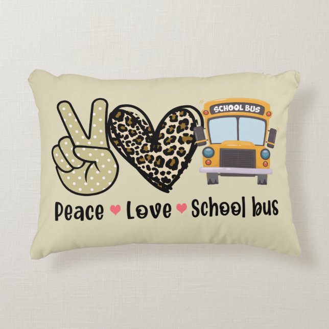 Peace, Love, School Bus Decorative Cushion (Front)