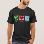 Peace Love Science T-Shirt<br><div class="desc">I heart science,  it is my favourite school subject. I'm a natural scientist and love experiments. Peace sign,  heart,  and an atom model on a black shirt.</div>