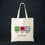 Peace Love Science Teacher Personalised Tote Bag<br><div class="desc">Cool gift for a science teacher,  scientist,  or just a geek that love to learn about how the world works. Cute Peace Love Science design with a peace sign,  heart,  and atom model.</div>