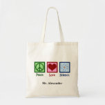 Peace Love Science Teacher Personalised Tote Bag<br><div class="desc">Cool gift for a science teacher,  scientist,  or just a geek that love to learn about how the world works. Cute Peace Love Science design with a peace sign,  heart,  and atom model.</div>