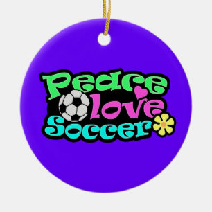 Peace, Love, Soccer; Retro Ceramic Tree Decoration