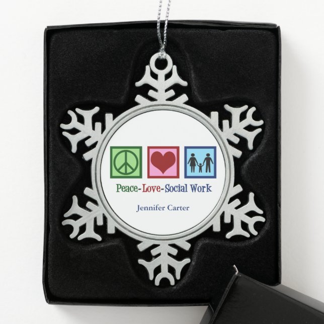 Peace Love Social Work Personalised Christmas Snowflake Pewter Christmas Ornament (Box)