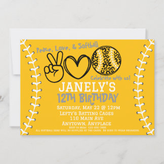Peace Love Softball Birthday Invitation
