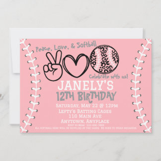 Peace Love Softball Birthday Invitation