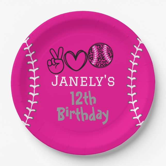 Peace Love Softball Birthday Paper Plate (Front)