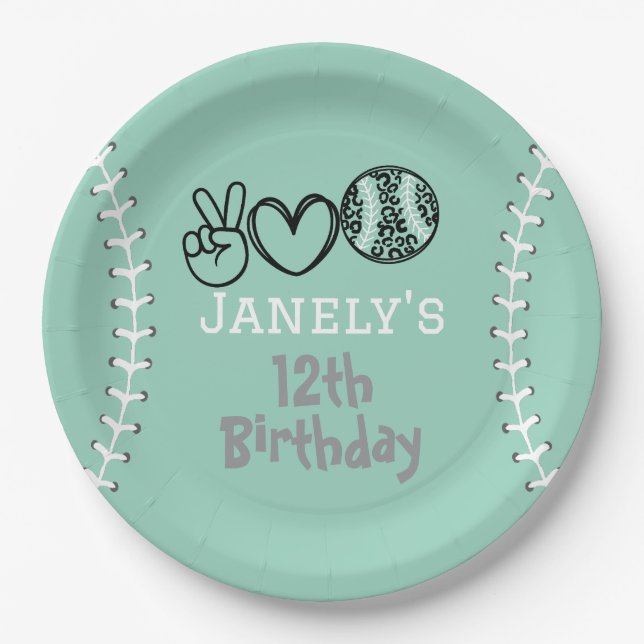 Peace Love Softball Birthday Paper Plate (Front)