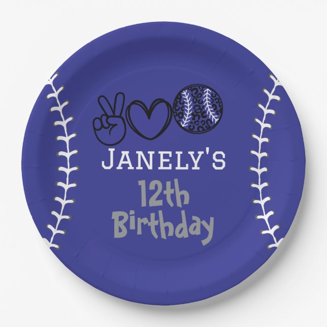 Peace Love Softball Birthday Paper Plate (Front)