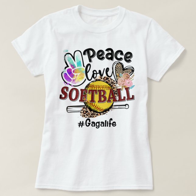 Peace Love Softball Gaga Life Mum Grandma Leopard  T-Shirt (Design Front)