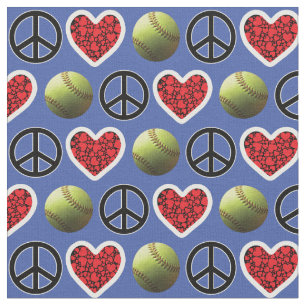 Peace, Love, Softball on Blue Design Fabric