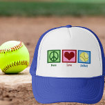 Peace Love Softball Player Trucker Hat<br><div class="desc">Peace Love Softball gift. A peace sign,  heart,  and a softball. A cool present for a softball player.</div>