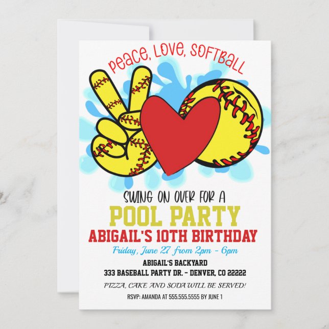  Peace Love Softball Pool Party Invitation (Front)
