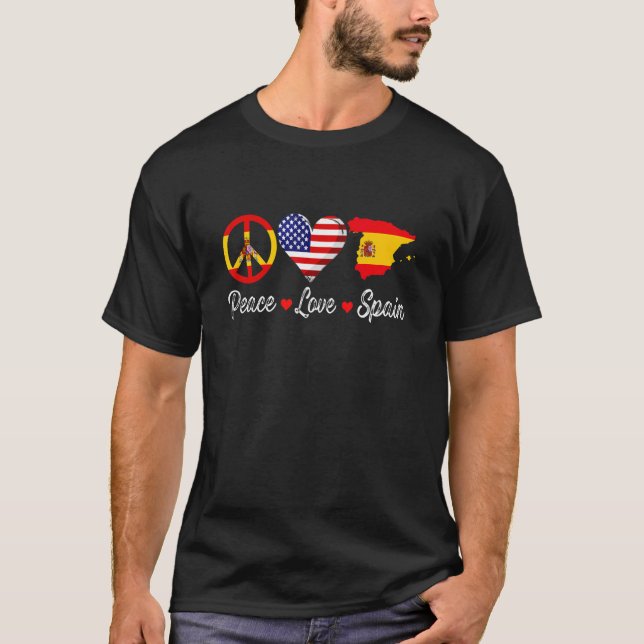 Peace Love Spain Flag Map Heart American Flag T-Shirt (Front)