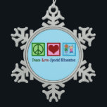Peace Love Special Education Teacher Snowflake Pewter Christmas Ornament<br><div class="desc">Peace Love Special Education Teacher Christmas gift for someone who works with children who have special needs in a resource room or school. A cute special ed present featuring a peace sign,  heart,  and playing kids.</div>